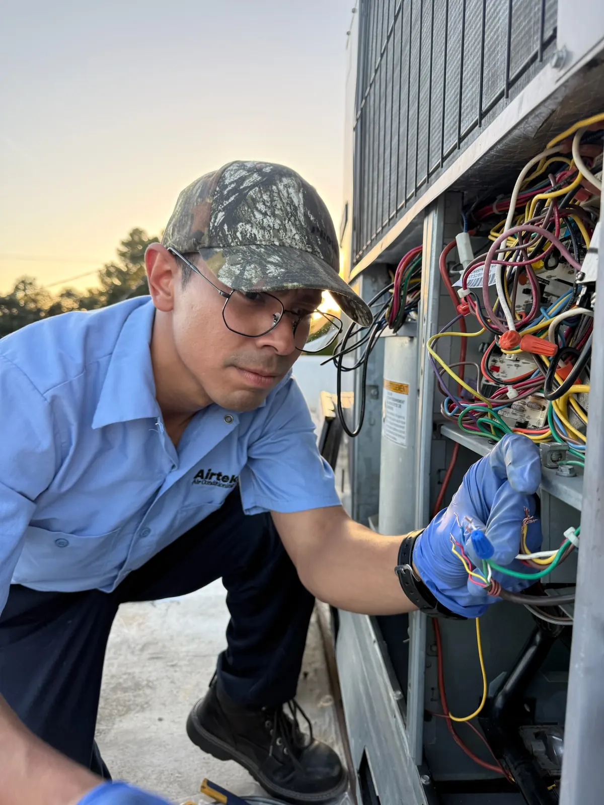 AirtekPros technician repairing control wiring at an outdoor unit late in the day