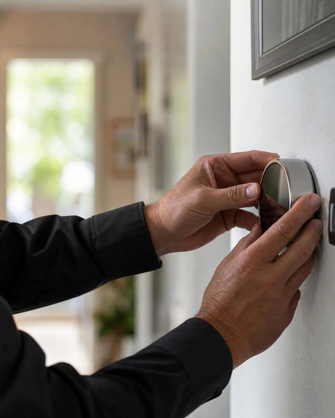 Technician's hands adjusting a modern wall thermostat in a home hallway