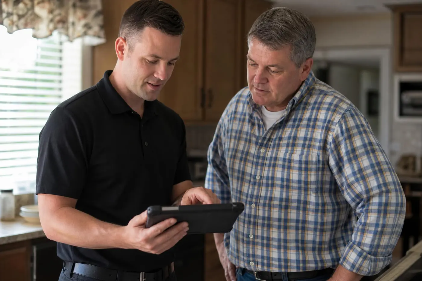 Technician showing findings on a tablet to a homeowner in a kitchen