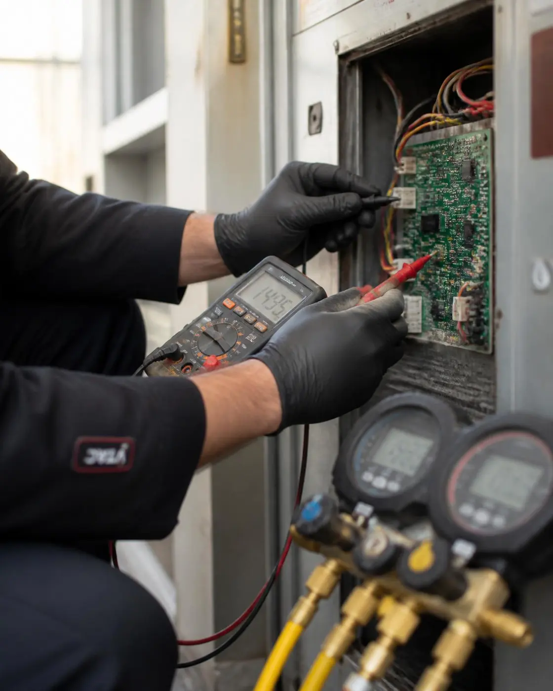 Digital manifold and multimeter probes on an air handler control board
